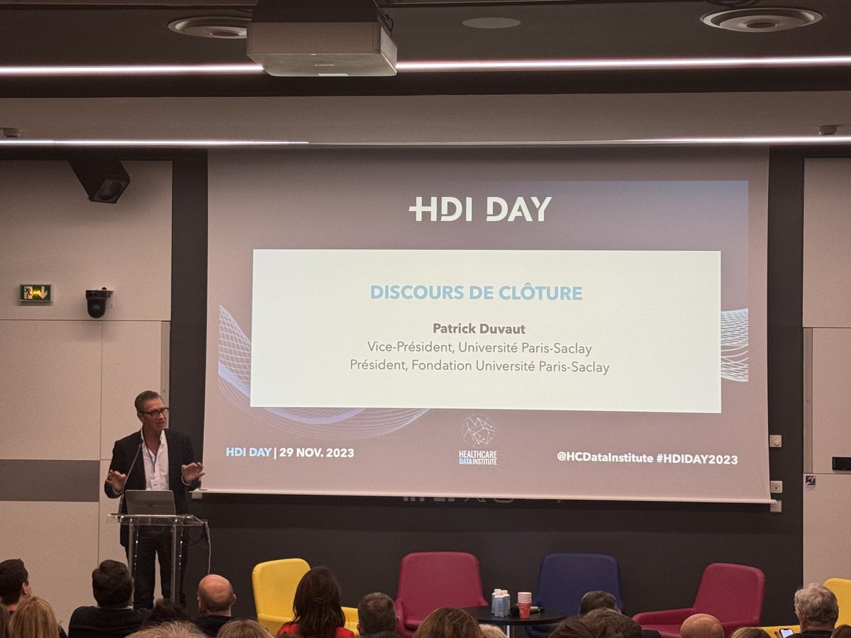 Discours de clôture de Patrick Duvaut, VP ⁦<a href="/ParisSaclayPro/">Université Paris-Saclay Pro</a>⁩  #HDIDAY2023
Résumé du jour : le triptyque de l’IA : l’usage, la donnée, la confiance
Le nouveau paradigme : le « Life Tracking Medicine » LTM qui redonne au citoyen la capacité de créer son patrimoine de données