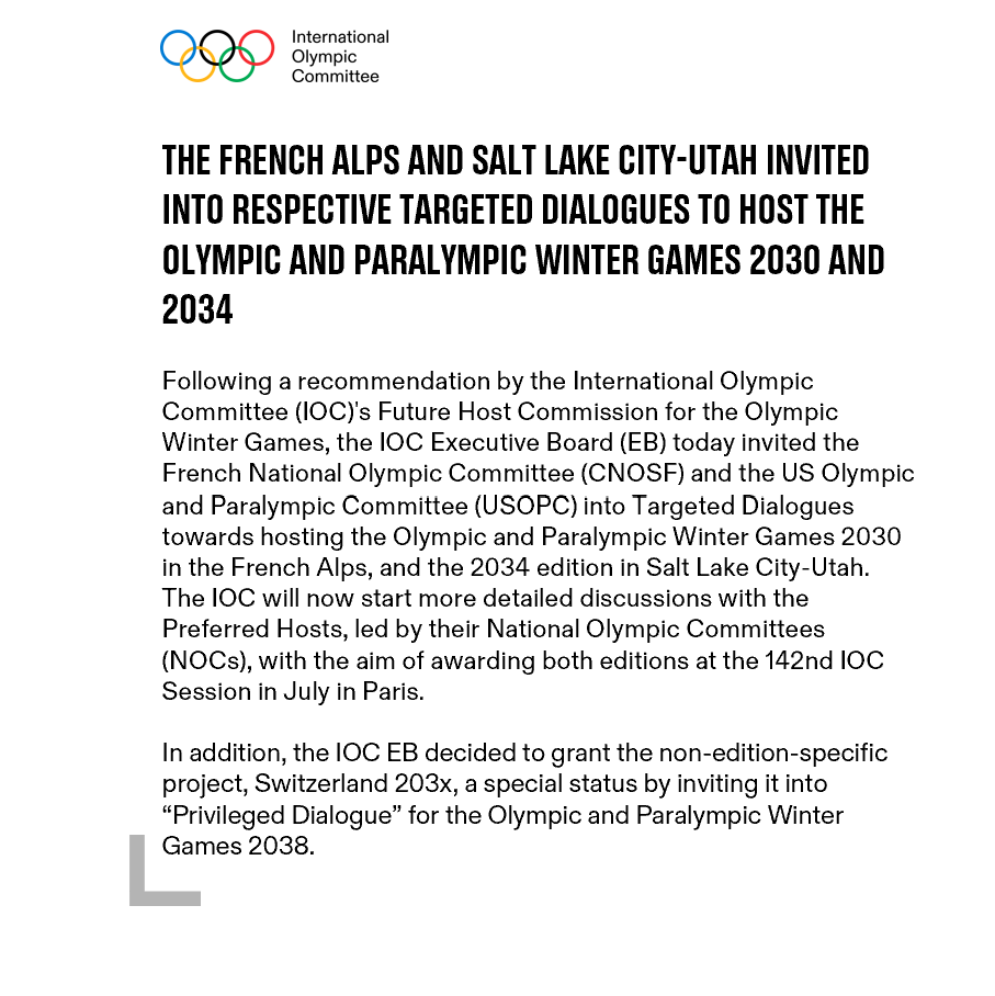 The French Alps and Salt Lake City-Utah invited into respective Targeted Dialogues to host the Olympic and Paralympic Winter Games 2030 and 2034.