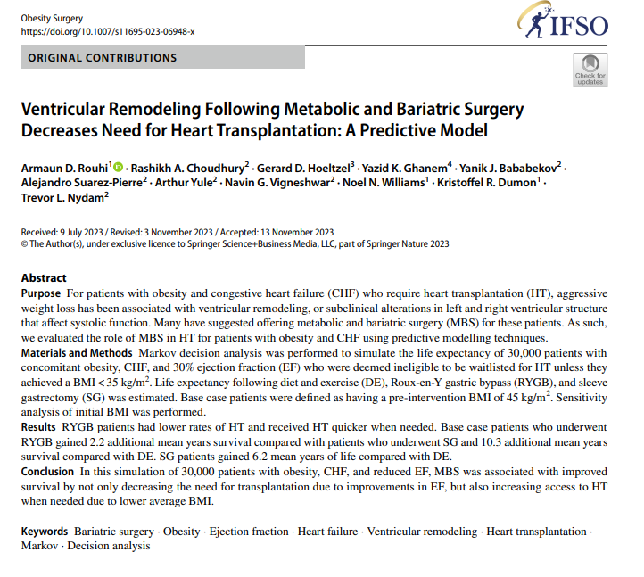 🚨Excited to share our new decision tool in <a href="/JournalObesity/">Obesity Surgery Journal</a> on the role of bariatric surgery in obesity &amp; heart failure ➡ pubmed.ncbi.nlm.nih.gov/38017330/

✔️Bariatric surgery reduces the need for🫀transplant &amp; improves waitlist candidacy (⬇️BMI) when needed

<a href="/pennsurgery/">PennSurgery</a>