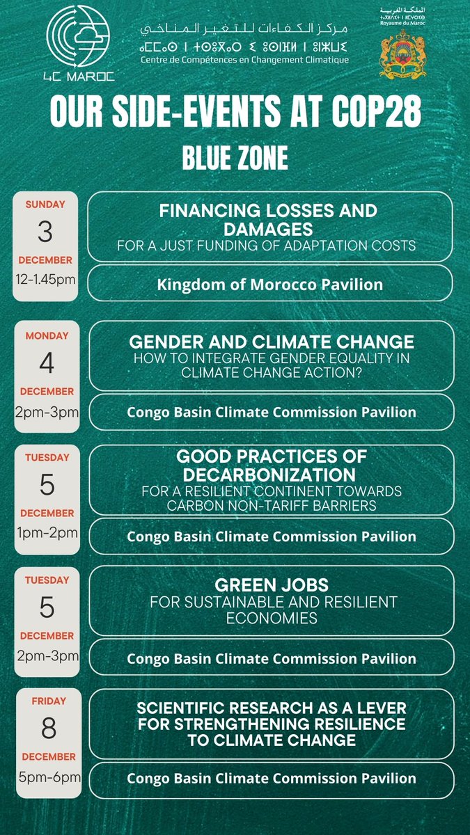La #COP28 commence demain à Dubaï! Si vous êtes sur place, nous serions ravis de vous voir aux side-events que le Centre 4C Maroc organise. 👇