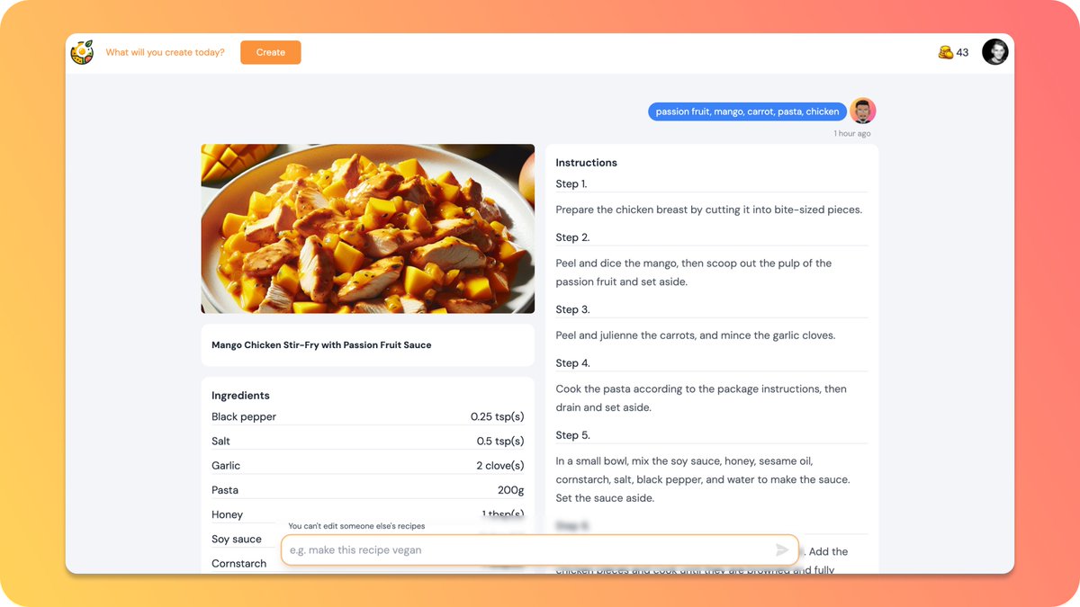 AlexPainter3's tweet photo. Launch is going well. I'm enjoying see what recipes people are creating. I've noticed no one has used the prompt to edit recipes - I think because it's hidden at the bottom of the page.

Fixed it to the bottom of the viewport instead 💪

#indiehackers #buildinpublic https://t.co/7p5B6Sx0CF