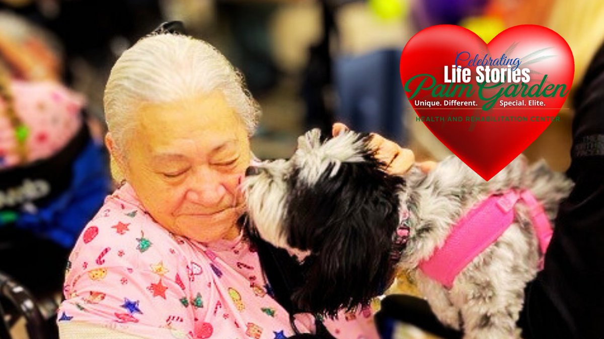 PalmGardenHC's tweet photo. Norhting beats a warm kiss and a wet nose. Pet visits from our four-legged caregivers @PalmGardenHC. #pettherapy #Therapydog #CelebratingLifeStories #PostAcute #Rehabilitation #LivingCenter #CelebratingLifeStories #WeArePalmGarden https://t.co/fWS1e0XgVj