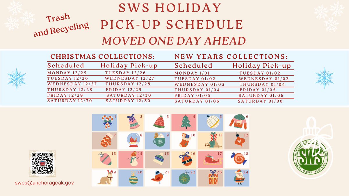 Here's the holiday pick-up Schedule. For example, if your pick-up date is Monday December 25, please put your trash or recycling out on Tuesday December 26. If your trash or recycling date is Wednesday January 3, please put your trash or recycling out on Thursday January 4.