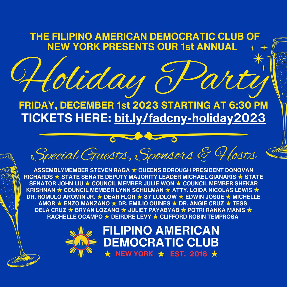FilAmDemsNY's tweet photo. Join the #FilAmDems for our 1st Annual Holiday Party this coming Friday, December 1st, 2023, starting at 6:30 PM! 🥂
Celebrate with us in an evening filled with joy and community spirit, hosted by special guests, sponsors, hosts, and our DJ 🎶🕺🏻 for the event, DJ Blessed.
1/2 https://t.co/XQXGtB8mwA