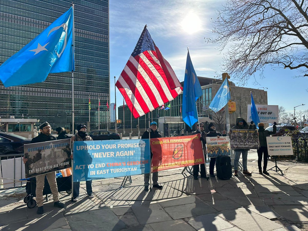 ETNational's tweet photo. As genocidal Chinese FM Wang Yi convened a @UN Security Council session on the #IsraelHamasWar, Uyghurs led by @ETExileGov protested China's hypocrisy and called on the UN to act against China's ongoing campaign of colonization, genocide, and occupation in #EastTurkistan. https://t.co/nDEh9Lmzvh