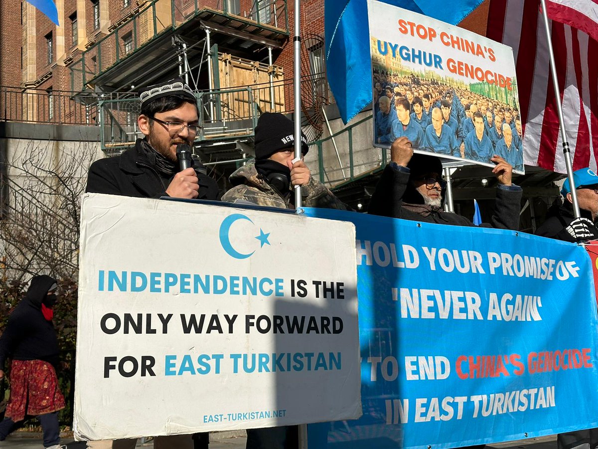 As genocidal Chinese FM Wang Yi convened a <a href="/UN/">United Nations</a> Security Council session on the #IsraelHamasWar, Uyghurs led by <a href="/ETExileGov/">East Turkistan Government in Exile (ETGE)</a> protested China's hypocrisy and called on the UN to act against China's ongoing campaign of colonization, genocide, and occupation in #EastTurkistan.