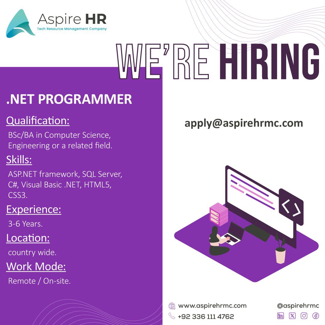 aspirehrmc's tweet image. .NET Programmers wanted to shape the future! Code your way to success on our innovative team. Join us now! #Hiring #DotNetProgrammer
Submit an application to lnkd.in/dtvGibGj
Share post within your circle and also with those who might be a good match for this position.