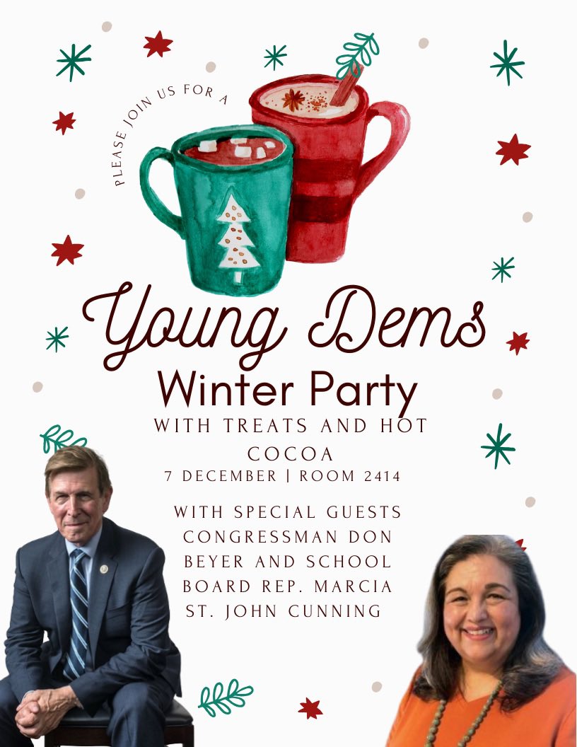Join us Thursday, December 7th at 3:00 for our Annual Holiday Party! Special guests School Board-elect <a href="/marcia4schools/">Marcia St. John-Cunning</a> and U.S. Congressman <a href="/RepDonBeyer/">Rep. Don Beyer</a> will be joining us. See you there!