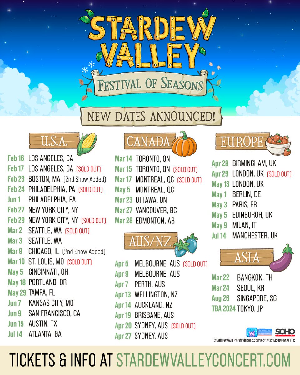 Due to popular demand, the Stardew Valley: Festival of Seasons concert tour is being expanded with more dates and locations. stardewvalleyconcert.com