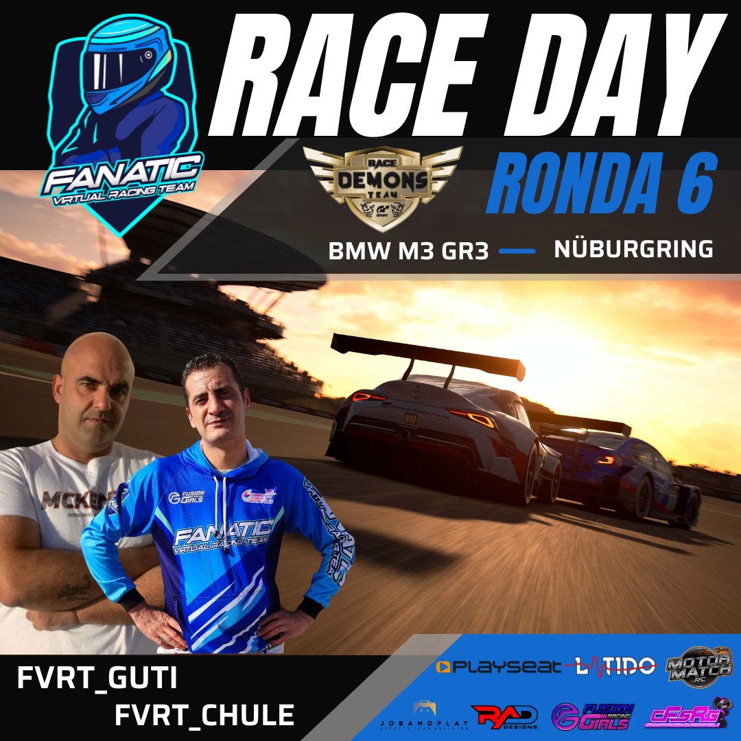 📌 Jornada 6
🎮 #GT7
📝 <a href="/RaceDemons/">RACE DEMONS TEAM</a>

👤 <a href="/CHULE_K1NG/">CHULE_K1NG</a>
👤 <a href="/Gt7Guti/">Guti Guti</a>

🍀¡Mucha suerte!🍀

💼 <a href="/PlayseatGlobal/">Playseat®</a> <a href="/JobAndPlay/">JobAndPlay</a> <a href="/latidoshop/">Latido</a> <a href="/MotorMatchRC/">MotorMatch RC</a>

👥 <a href="/RacingFusion/">Fusion Racing Girls</a> <a href="/Communityfrgirl/">Community fusion Sim Racing Girls</a>
<a href="/RadMad32/">Radmad32_designs</a> 

🟡🔵🟡🔵🟡