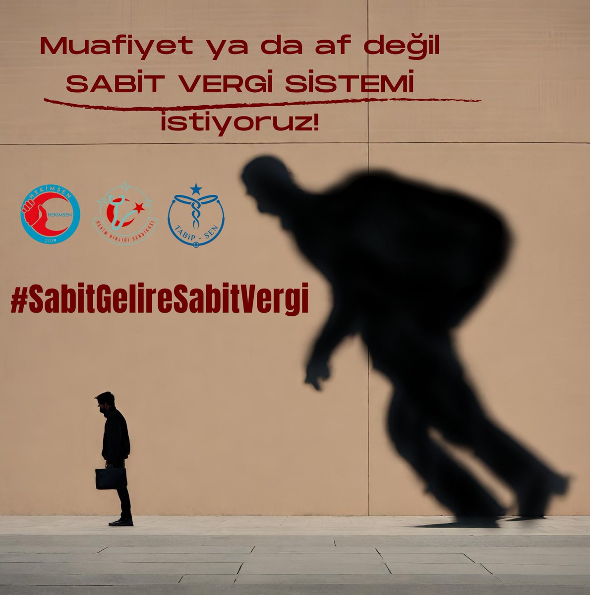 #SabitGelireSabitVergi
Bordrolu çalışanlara adil bir vergi düzenlemesi şart! Hekimler de dahil tüm sabit gelirlilere sabit vergi düzenlemesi istiyoruz! Aylık sabit ücretle çalışan kesimi vergi yükü altında ezmeyin! Vergi oranı  %15 olarak sabitlensin! 

 #VergiAdaleti
