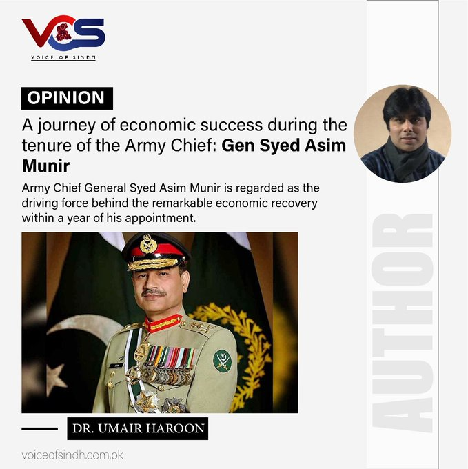 HasnainQd's tweet photo. Written by : Dr Umair Haroon  
Army Chief General Syed Asim Munir is regarded as the driving force behind the remarkable economic recovery within a year of his appointment.
#WellDoneArmyChief 
#WellDoneGenAsimMunir 
#AsimMunir https://t.co/CfUKGe1jLY