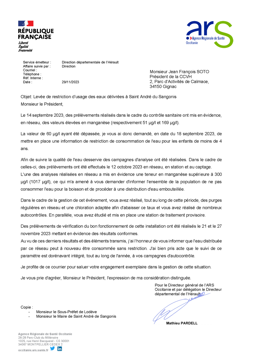 ARS_OC's tweet photo. [#Eau] Levée des restrictions de consommation d'eau à St André de Sangonis (34) : les résultats d'analyses sont désormais conformes, à la suite des travaux réalisés et de la mise en place d'une nouvelle station de traitement. La vigilance et les autocontrôles restent renforcés. https://t.co/txamStTjKT