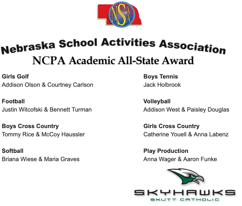 SkuttCatholic's tweet photo. Congrats to our FALL 2023 NCPA Academic All-State Winners!  

SkyHawks achieving in the classroom AND on the field/court/stage/course is our goal! https://t.co/KXQ1ZtBoGN