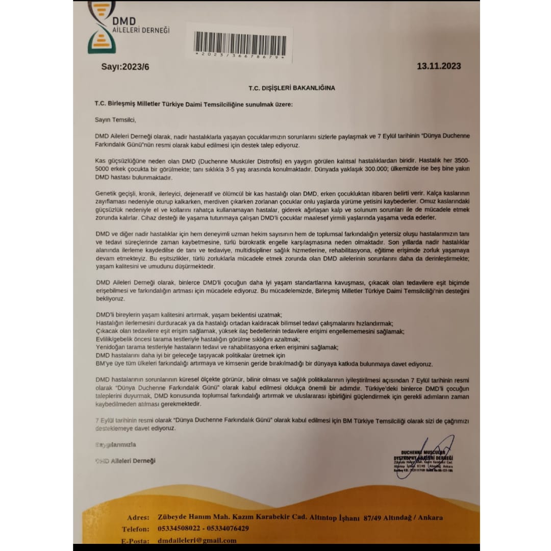 📢BİRLEŞMİŞ MİLLETLER, 
DÜNYA DUCHENNE FARKINDALIK GÜNÜ'NÜ RESMEN TANIDI!