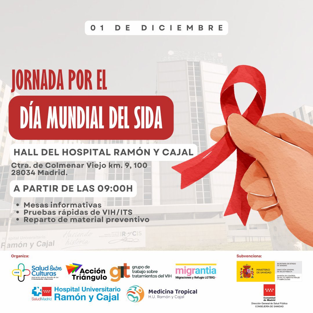 🗓️ El próximo viernes 1 de diciembre conmemoramos el #DiaMundialDeLaLuchaContraelSIDA. 

Acompáñanos a conocer las #PildorasAntiEstigma en primicia. Será en el hall del Hospital Universitario Ramón y Cajal a partir de las 9h.

#DiaMundialdelSIDA  
#WorldAIDSday
<a href="/infecciosasryc/">Enfermedades Infecciosas RyC - @infecciosasryc.bsk</a>