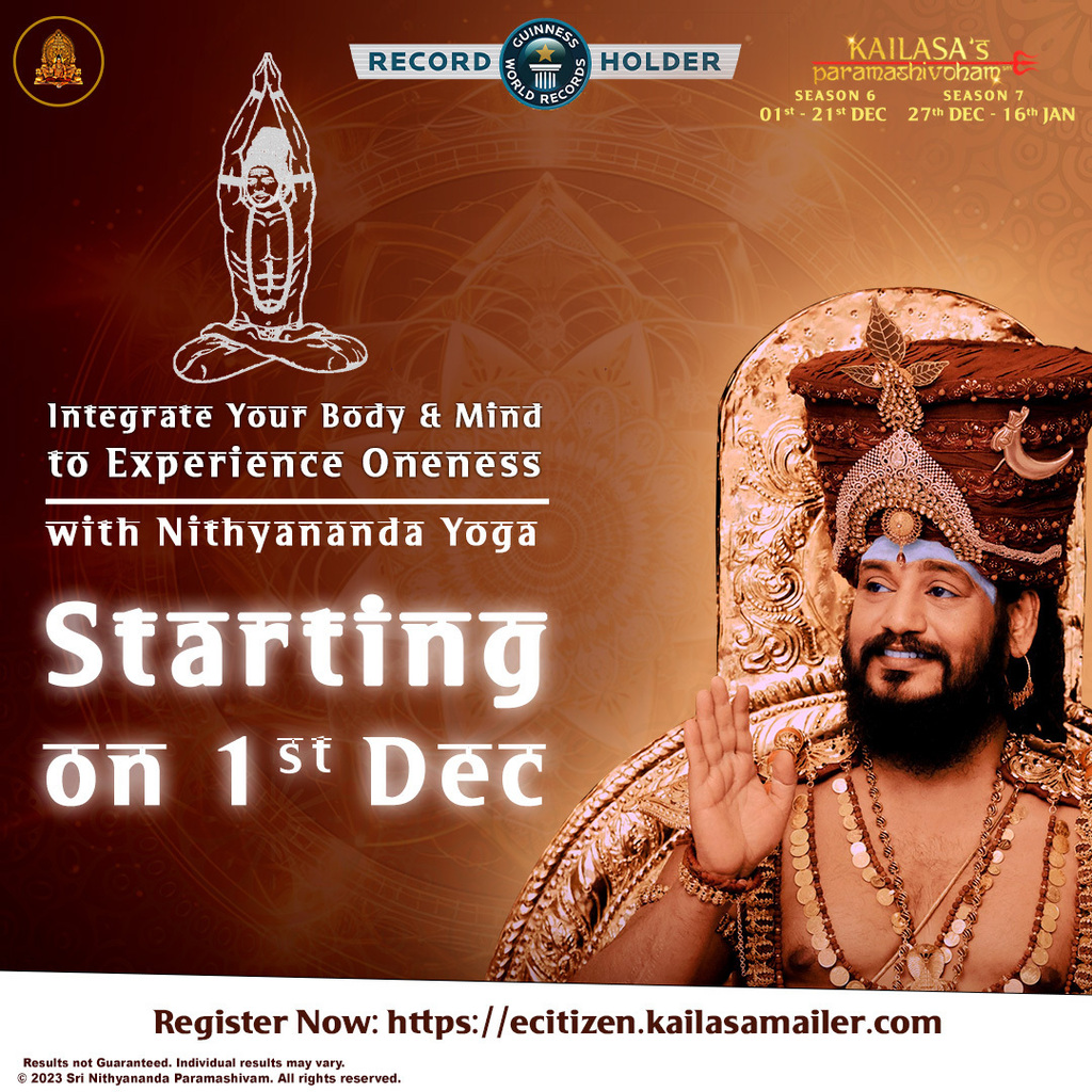 Nithyananda Yoga is specifically designed to integrate and unite all your various components - body, mind, visualization, etc - and bring integrity within you

Register now: ift.tt/iOSIJyb
#Nithyananda #KAILASA #Paramashivoham #NithyanandaYoga #Yoga
<a href="/SriNithyananda/">KAILASA's SPH NITHYANANDA</a>