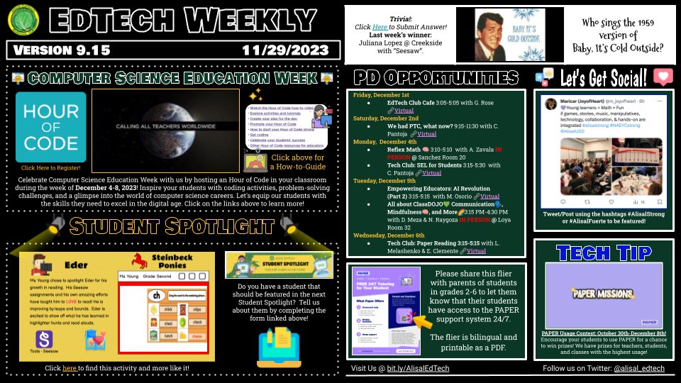 Hello <a href="/AlisalUSD/">Alisal Union SD</a>!  In this week's EdTech Weekly you will find resources to kick off Computer Science Education Week🤖, a Student Spotlight 🔦, PD Opportunities💻, and <a href="/paperlearning/">Paper</a> Tutoring Resources to support your students! #AlisalStrong #AlisalFuerte

bit.ly/AlisalWeekly