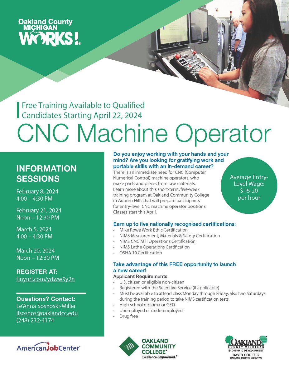 It's almost a new year which means it might be time for a new goal. If becoming a CNC Machine Operator is your 2024 goal, please join an information session to find out more about this free training that is available to qualified candidates.

#CNC #MachineOperator #CNCtraining