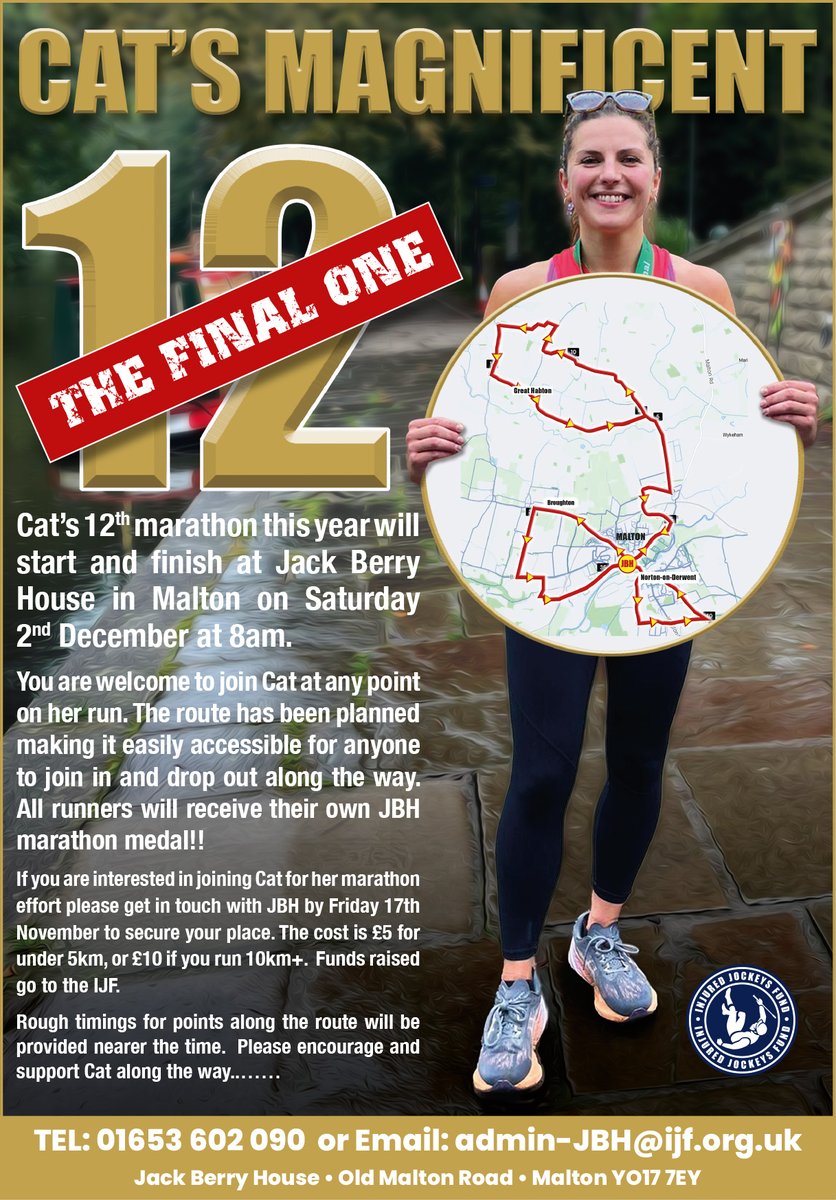 On Saturday 2nd December @13CatL starts her 12th marathon in 12 months leaving Jack Berry House at 8am, her route takes her through Ryedale, passing racing yards and arrives back at Jack Berry House around 12noon. If you would like more details please ring 01653602090