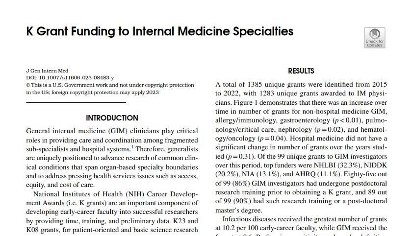 Is General Internal Medicine as well funded as other IM subspecialties when it comes to early career development grant awards? Look at this paper by @robjgallo et al to find out! #internalmedicine #grantfunding buff.ly/411sduu