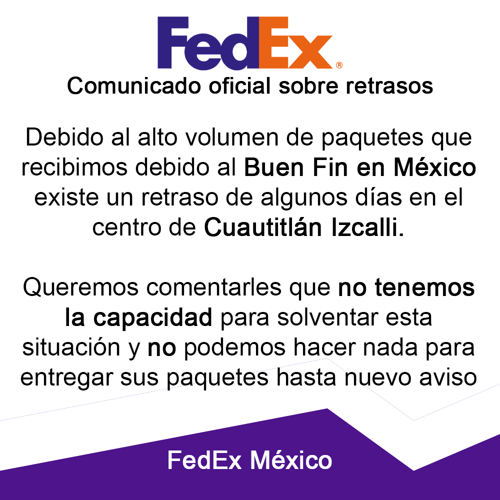 #AvisoUrgente para todos nuestros clientes de #FedEx México con respecto a los retrasos en las oficinas de Cuautitlán Izcalli, lamentablemente NO PODEMOS entregar sus paquetes. 
Por esta razón los números de teléfono están deshabilitados.
#FedExMéxico #México #BuenFin #Paquetería