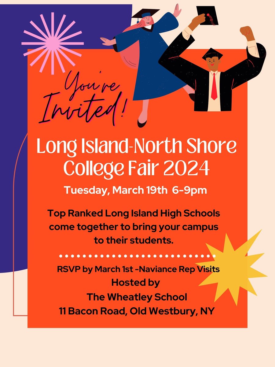 ATT #CollegeReps! The Wheatley School will be hosting a #collegefair with several top LI high schools to bring your college/university info to our students🎓Please use Naviance Rep Visits to sign up. We look forward to having you with us. <a href="/EastWillistonSD/">East Williston UFSD</a> <a href="/WheatleySchool/">The Wheatley School</a> <a href="/NACAC/">Natl Association for College Admission Counseling</a>