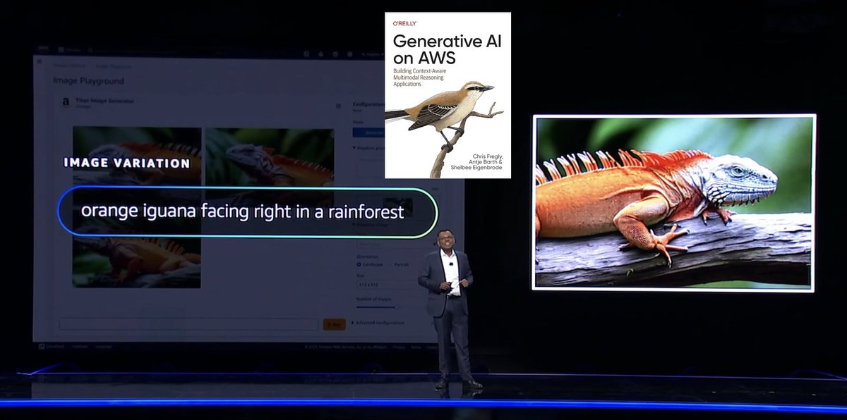 📢 Exciting news! Today's @AWSreinvent keynote  showcased an amazing Amazon Bedrock example from our new book, "Generative AI on AWS" by <a href="/OReillyMedia/">O'Reilly Media</a>! 🚀📚

🔥 Get the book: amzn.to/47WFkPI 
📂 GitHub repo: bit.ly/40YV16G 

#GenerativeAI #AWS #AmazonBedrock