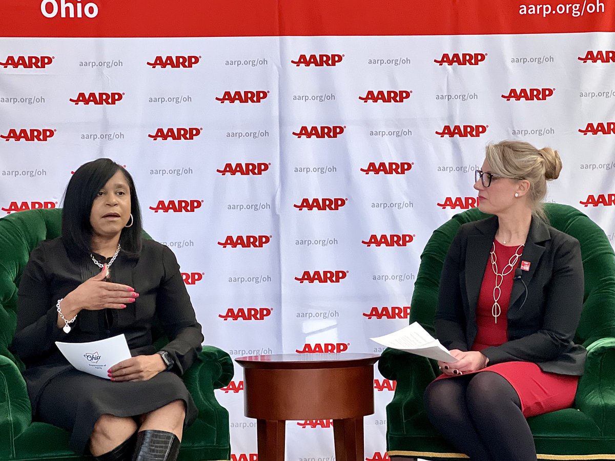 AARPOhio's tweet photo. ⁦Our @HA_Holtzen⁩ talks with ⁦@UrselMcElroy⁩ of ⁦@OhioDeptOfAging⁩ about issues and programs impacting older Ohioans and its1.46 million caregivers. #LeadingWithCare #NationalFamilyCaregiversMonth https://t.co/DM01apaHsJ