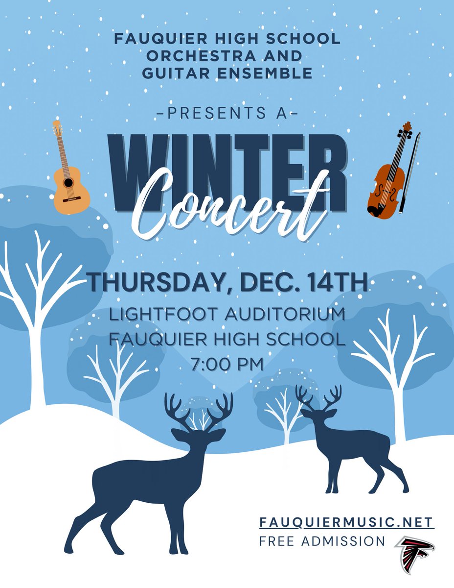 The Winter Orchestra and Guitar Concert is on December 14th at 7 PM. For more details, read the flyer or visit fauquiermusic.net! <a href="/fauquierhs/">fauquierhsnews</a>
