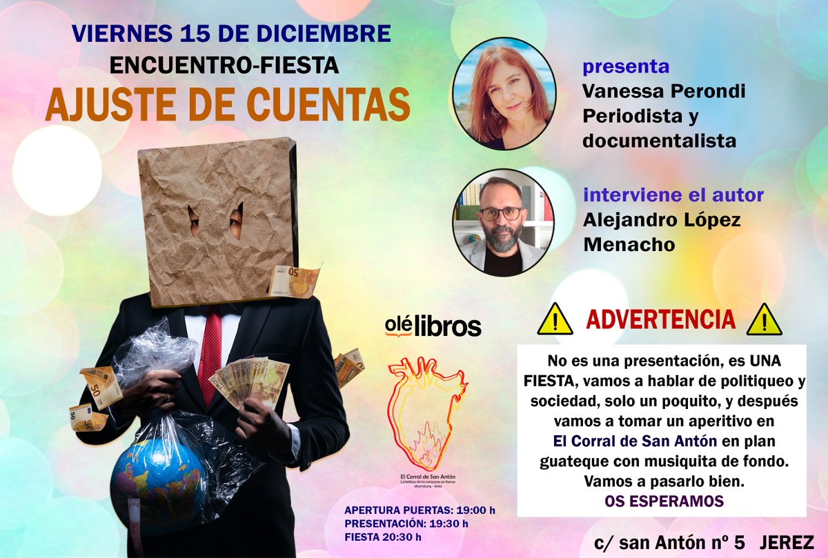 Zimmerman1982's tweet photo. El próximo 15 de diciembre, en #Jerez, presentaremos en el @CorralDsA mi libro Ajuste de Cuentas, de @Olelibros, en una charla-guateque con música y aperitivos guiada por mi querida @vanessaperondi1. Os lo digo con mucho tiempo de antelación.
Vamos a pasarlo bien
¡OS ESPERO! 🥰🥳 https://t.co/g7PXSWwvNx
