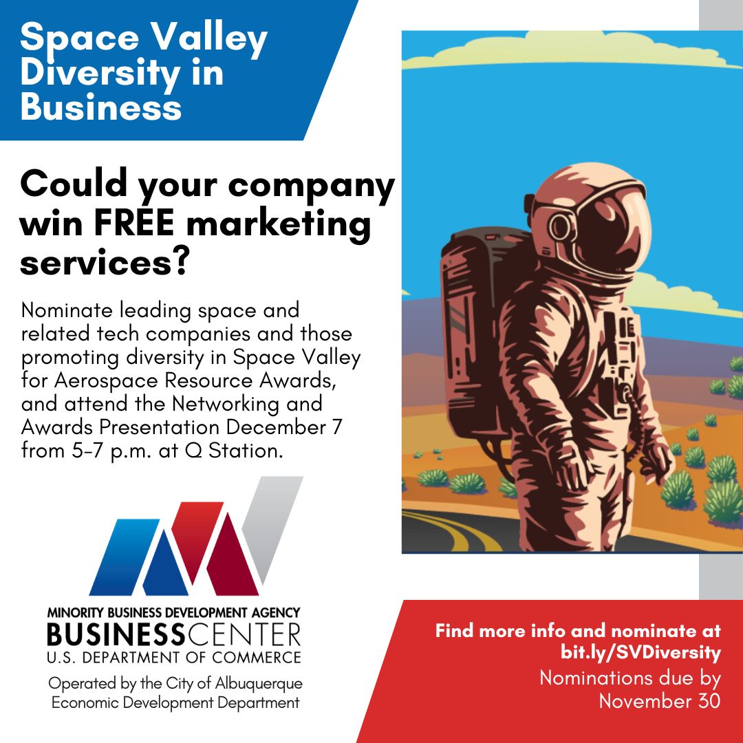 CABQEconDev's tweet photo. 🔊 Are you, or a company you know, fostering innovation and making strides in the space and technology economy, or are you promoting diversity within the industry? Nominate yourself or another company for the Aerospace Resource Awards! 🔗: https://t.co/6LSR7tIcLm
#SpaceValley https://t.co/dmXnSty3Qa