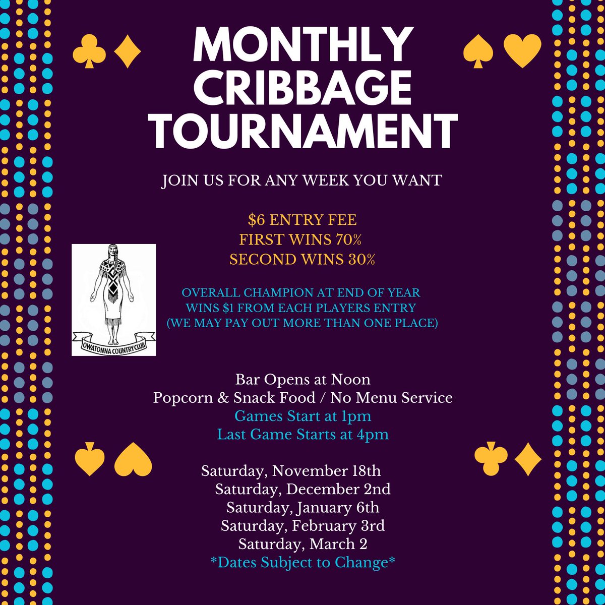 owatonnacc's tweet image. Come and join in the Fun!
The next Monthly Cribbage Tournament
Saturday, December 2nd at 1pm
See you up at the Club.