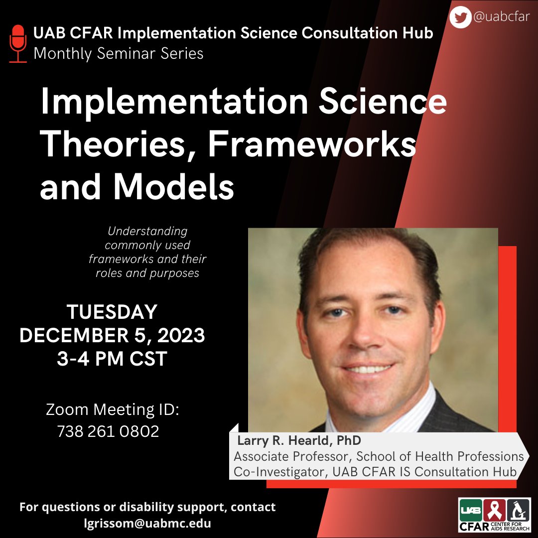 uabcfar's tweet photo. Join us Tuesday, December 5th for our Online Implementation Science Consultation Hub Monthly Seminar on Theories, Frameworks, and Models.   

Zoom Link: https://t.co/X86T5SPesg https://t.co/QPv2beIjOb