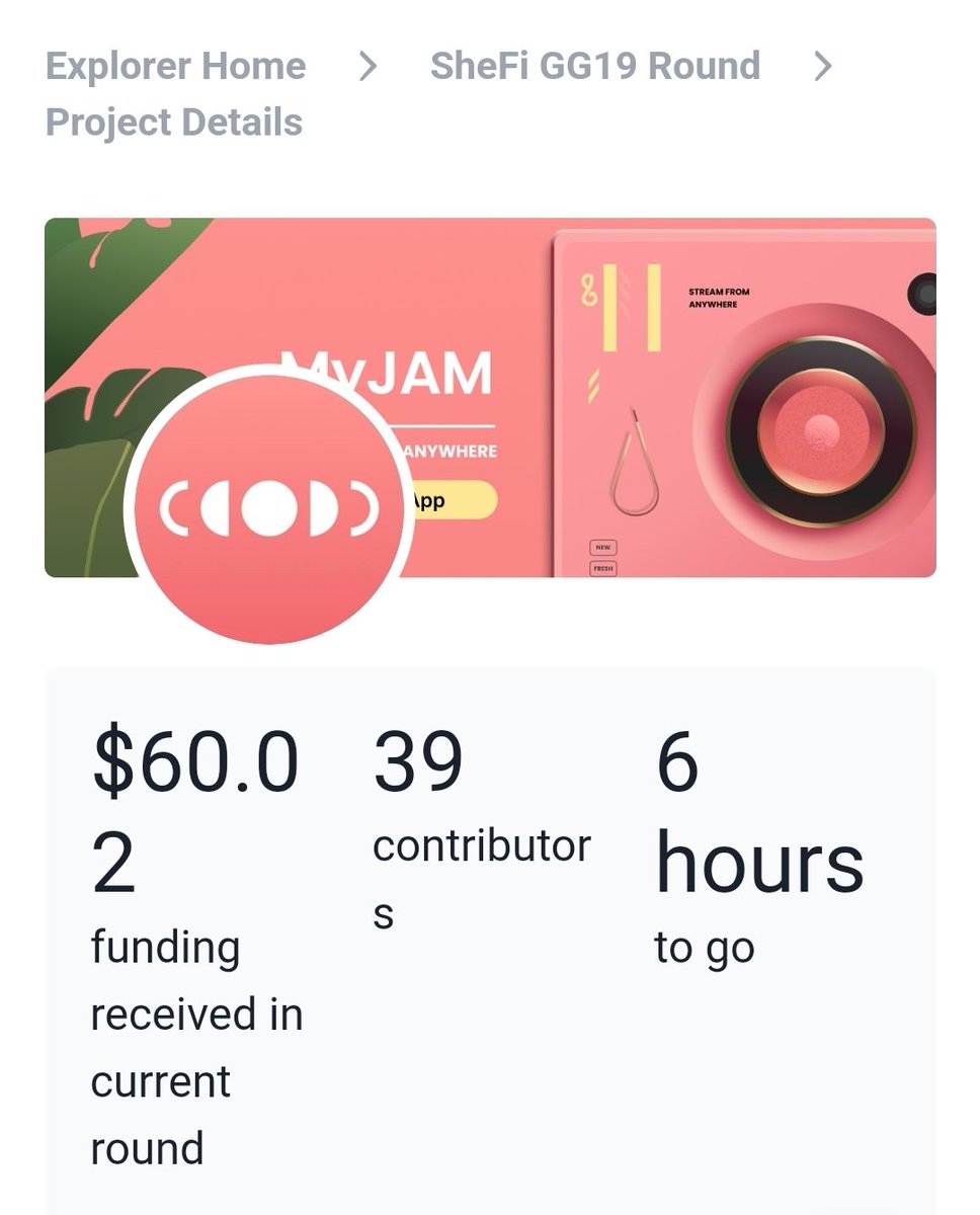 🚨Last 6 hours!!! 🚨
Your smallest donation will make a huge impact 🙌✨️ 
1$ can go very far in #GG19! 

➡️ bit.ly/MyJam-GG19

MyJam supports indie musicians and wants to take audio streaming to the next level 🍉🎵

Huge thanks to <a href="/She__Fi/">SheFi - previous handle of SheFi</a> <a href="/gitcoin/">Gitcoin</a> for the opportunity!!!