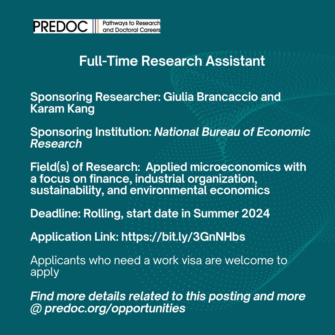 PREDOC.org (@predoc_org) on Twitter photo Another NBER opportunity with Professors Giulia Brancaccio (<a href="/giulia_bran/">Giulia Brancaccio</a>) and Karam King!
Apply at bit.ly/3GnNHbs Another NBER opportunity with Professors Giulia Brancaccio (<a href="/giulia_bran/">Giulia Brancaccio</a>) and Karam King!
Apply at bit.ly/3GnNHbs