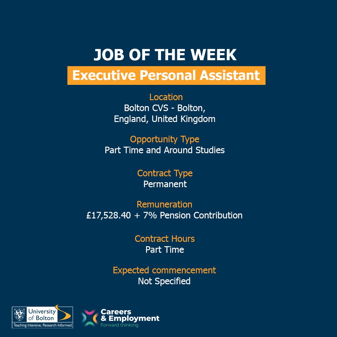 boltoncareers's tweet image. #ParttimeJoboftheWeek 
Executive Personal Assistant
Permanent position
£17,528.40
To apply, click the link in our bio to access Studenthub!

#jobs #studentjobs #universityofbolton #parttimejobs