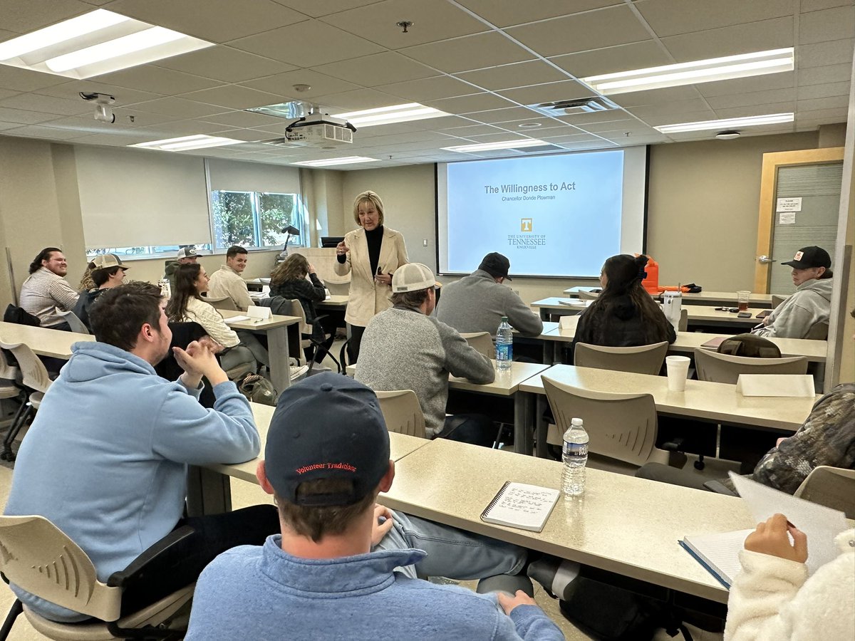 K_DeLong_24's tweet photo. Thank you to @UTKnoxville Chancellor Donde Plowman (@DondePlowman) for speaking to our @UTAgResEcon James L. Herbert Executive Seminar Series class today! Our class enjoyed learning about your leadership philosophy and vision! @billjohn40 https://t.co/y1LKxN6Cjc