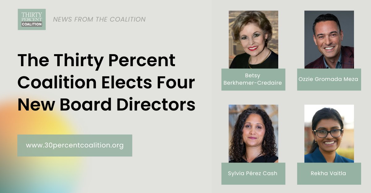 We elected 4 new Board Directors who will further strengthen our board diversity efforts across the US:

Betsy Berkhemer-Credaire (<a href="/BetsyBerkhemer/">Betsy Berkhemer</a>, <a href="/BerkhemerClay/">Berkhemer Clayton</a>, <a href="/5050Wob/">50/50 Women on Boards</a>) 
Ozzie Gromada Meza (<a href="/ozziemeza1/">Ozzie Gromada Meza</a>, <a href="/LatinoDirectors/">Latino Directors</a>)
Sylvia Pérez Cash (<a href="/HACRORG/">HACR</a>) 
Rekha Vaitla (<a href="/CalSTRS/">CalSTRS</a>)