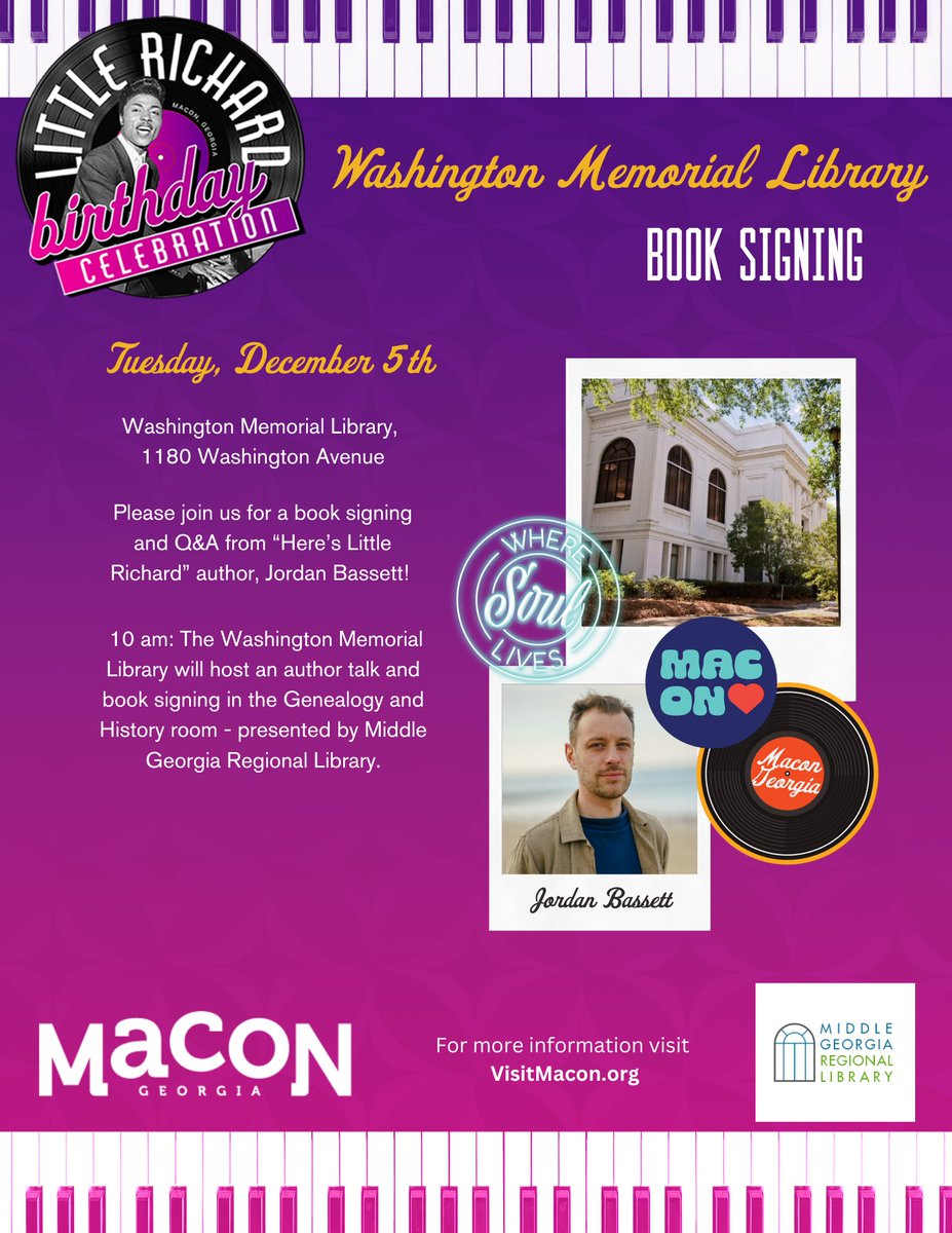 As a part of Visit Macon's Little Richard Birthday Celebration, author Jordan Bassett will join us at Washington Memorial Library for an author talk and book signing in the Genealogical and Historical Room.
Please call 478-310-2129 or visit vistmacon.org for more info.