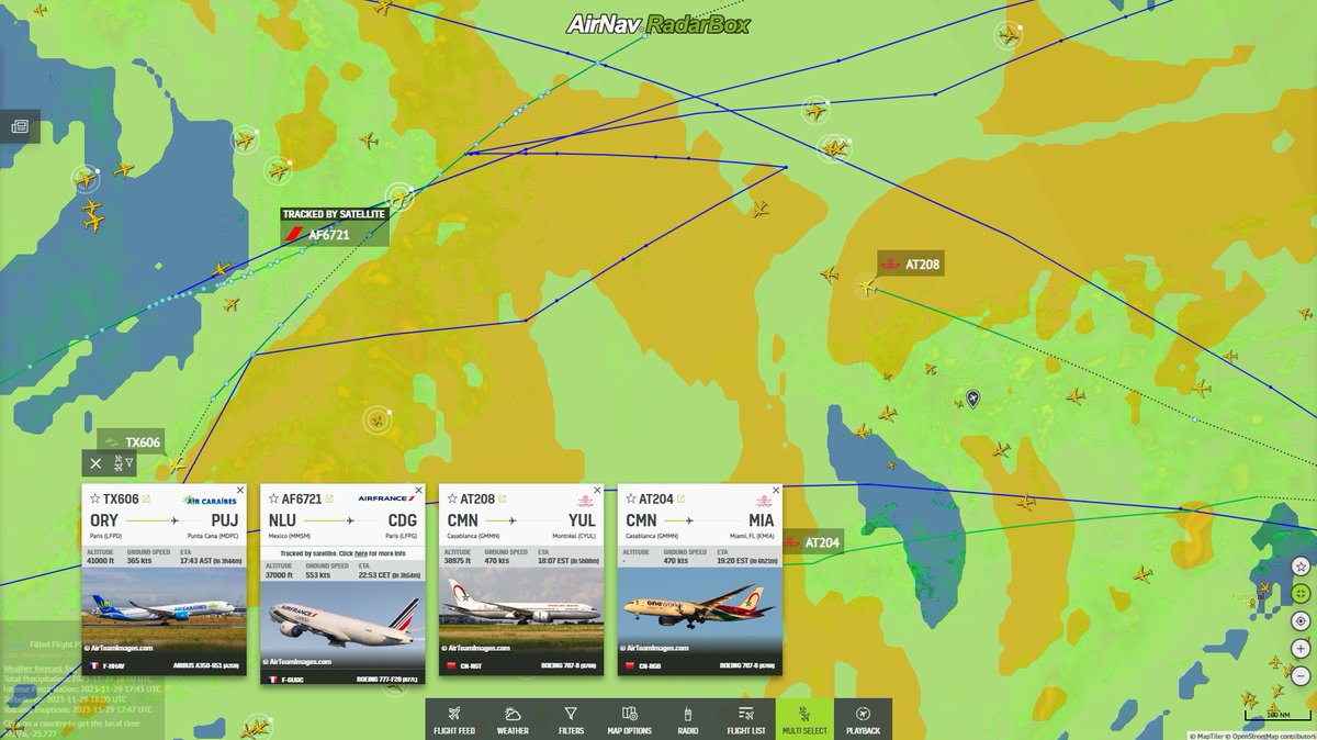 AirNavRadar's tweet photo. 🌐✈️ Currently tracking Air Caraibes #TX606, Air France #AF6721, Royal Air Maroc #AT208 & #AT204 as they navigate through zones of medium-strong turbulence over the North Atlantic Ocean.
Track their journey in real-time on RadarBox: https://t.co/U9HNikZNH0
Click on "Weather" on https://t.co/o8609tYSWU's website for detailed insights. ☁️🌩️🌥️
Subscribe now at https://t.co/BFslkDeghR 🔗