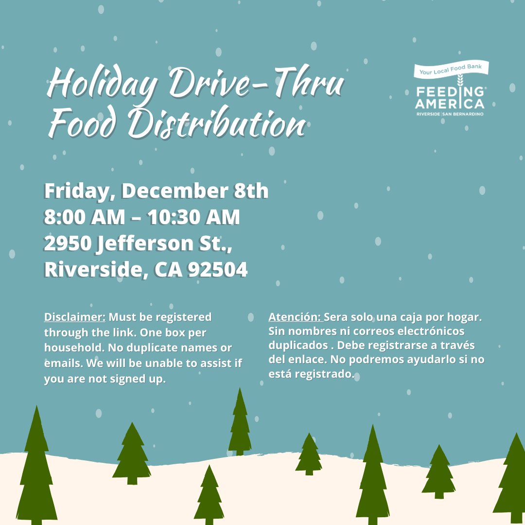 feedingie's tweet photo. Join us for our upcoming food distribution event at FARSB on Friday, December 8th at 8:00 AM!🌲 We will not be able to assist anyone who has not signed up. 

Register: https://t.co/tr8oJL4pRk 

Each household is eligible for only one box, no duplicate names or emails. #FARSB https://t.co/BQ9e6E32Wx