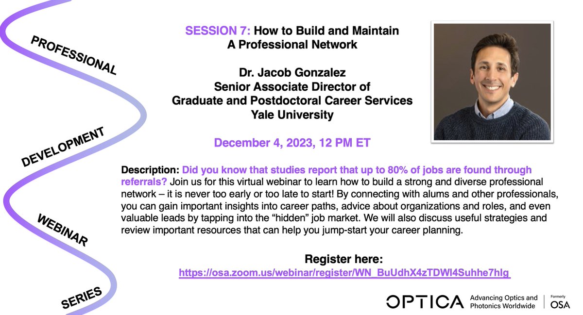 Did you know that studies report that up to 80% of jobs are found through referrals? 

Join us on 4 December for career development and learn how to build a robust professional network s and how you can jumpstart your career.

Register: ow.ly/mkAk50Qcu9I