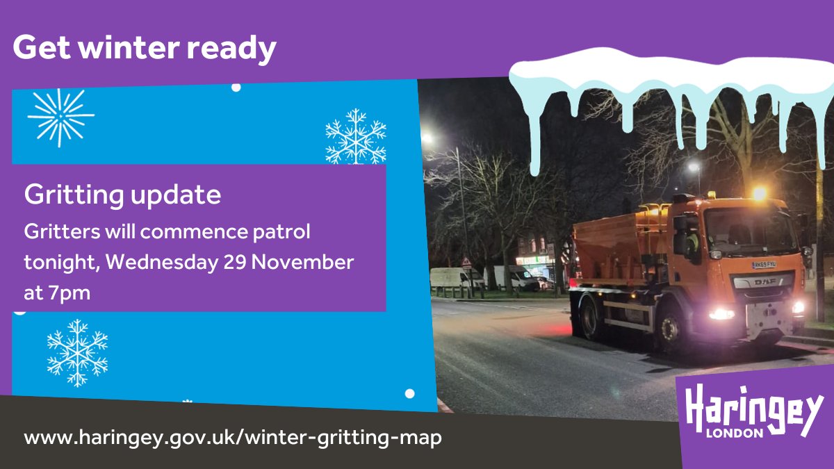 haringeycouncil's tweet image. ❄️Based on the latest weather forecasts for Haringey, gritters will commence patrol on priority routes tonight, Wednesday 29 Nov at 7pm. ❄️

Grit bins are also available to all residents to use on residential roads. To find your nearest grit bin, visit haringey.gov.uk/winter-grittin…