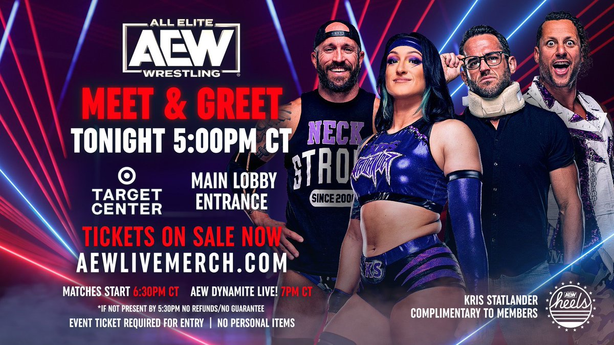 Minneapolis #AEW pre-show meet & greet tickets are ON SALE NOW! Get them before they’re gone at AEWLIVEMERCH.com! @callmekrisstat @realmikebennett @roderickstrong @matttaven #AEWDynamite #AEWRampage aewlivemerch.com