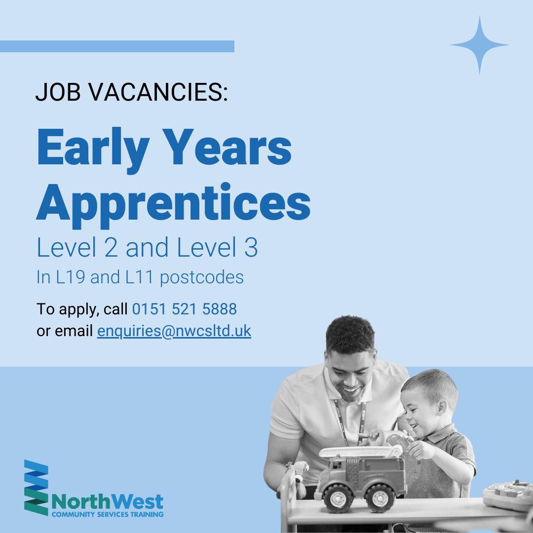 NWCSTraining's tweet image. 👨‍👧‍👦Apprenticeship vacancies: Early Years (Level 2 and Level 3)👩‍👧‍👦

In L19 and L11 postcodes. 

For more information or to apply, call 0151 521 5888 or email enquiries@nwcsltd.uk

#Apprenticeship #EarlyYears #Vacancy #Liverpool