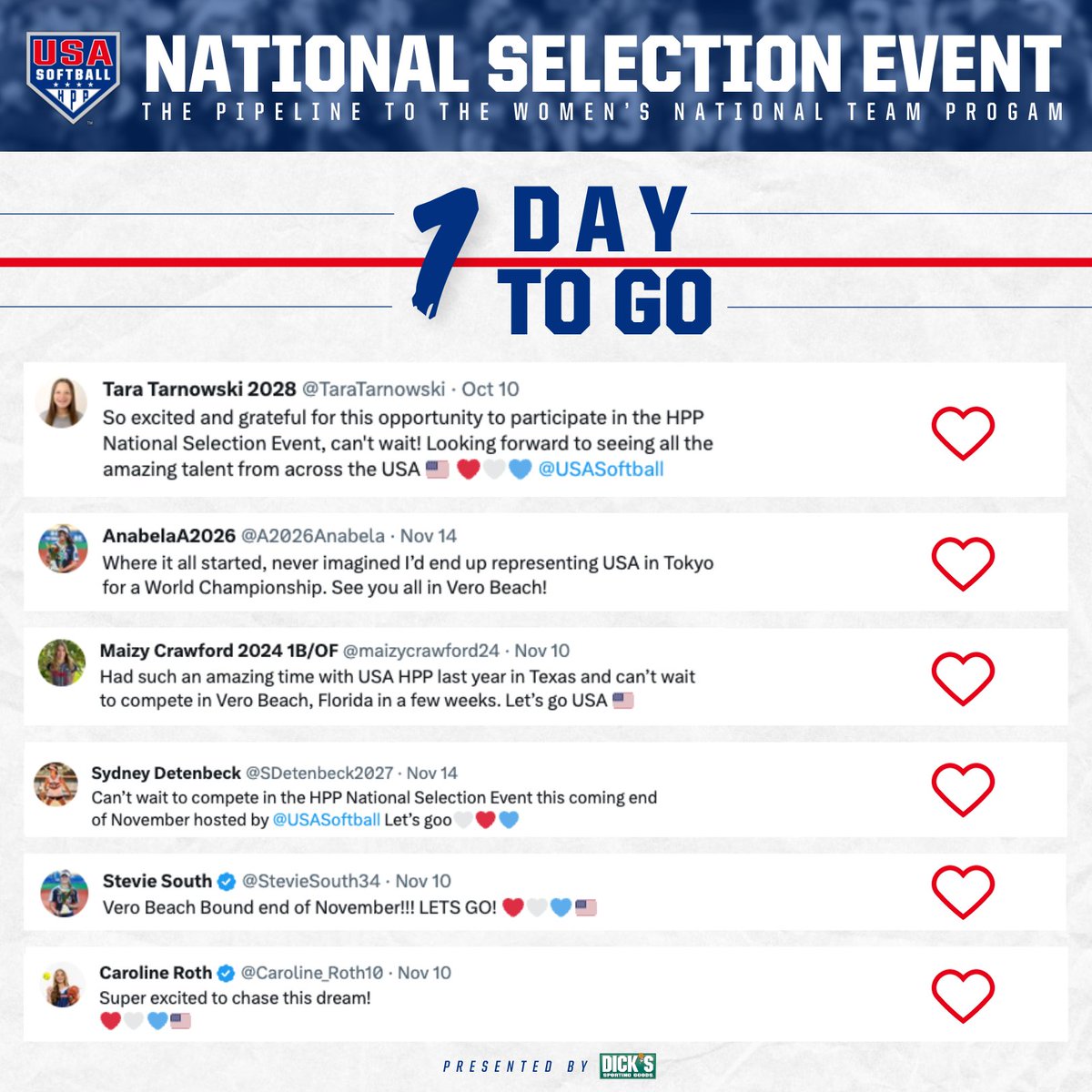 USASoftball's tweet image. 𝗧𝗼𝗺𝗼𝗿𝗿𝗼𝘄 → Over 400 athletes will join the 𝙋𝙄𝙋𝙀𝙇𝙄𝙉𝙀 for the chance to make a Women's National Team 🤩

🥎 #HPP National Selection Event, 𝘱𝘳𝘦𝘴𝘦𝘯𝘵𝘦𝘥 𝘣𝘺 @DICKS
📍 Vero Beach, Florida — @JRTC42
🗓️ Nov. 30-Dec. 3
🔗 go.usasoftball.com/3P817gX