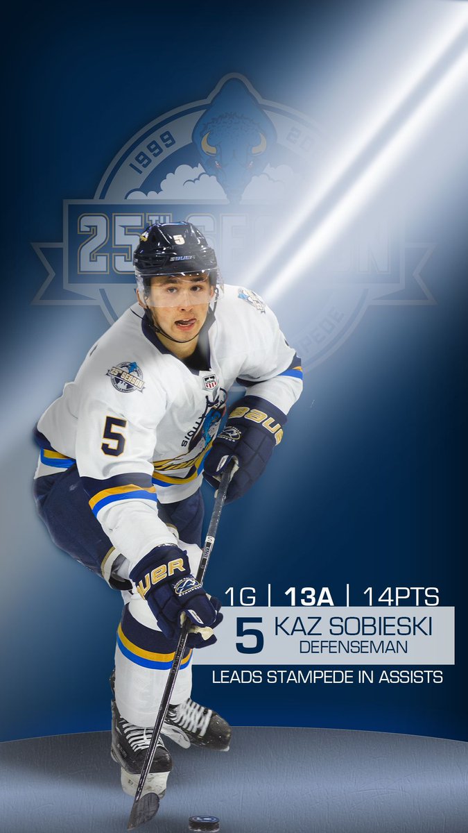 sfstampede's tweet photo. This week's @TitleWaveSports Wallpaper Wednesday is a spotlight on the team's assist leader, defenseman Kaz Sobieski!

Kaz has 1 goal and 13 assists in 20 games for the Herd! https://t.co/IWXO9tUftp