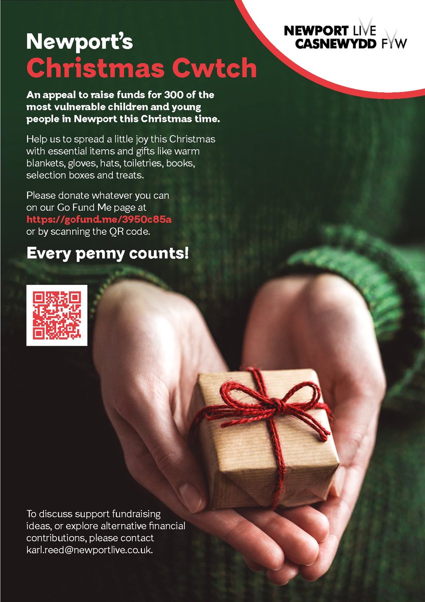 Newport's Christmas Cwtch appeal to help vulnerable children and young people in the city. Kindly seeking  donations from local businesses+individuals. You can donate through the Go Fund Me page hosted by Newport Live. gofund.me/3950c85a Every contribution makes a difference