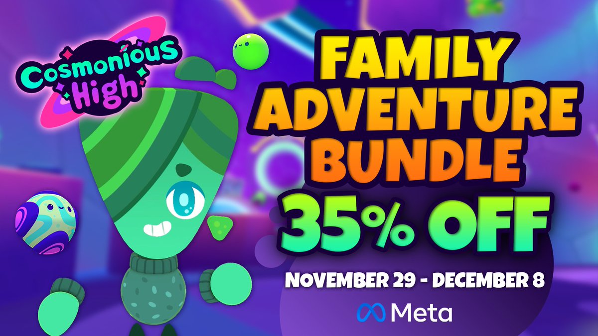CosmoniousHigh's tweet image. We&apos;ve got a meteor shower of discounts! ☄️💫

Save 35% on #CosmoniousHigh in the Family Adventure Bundle - for #Quest 2 &amp;amp; 3!

Endless fun starts here: meta.com/experiences/37…

#VRGaming #sale